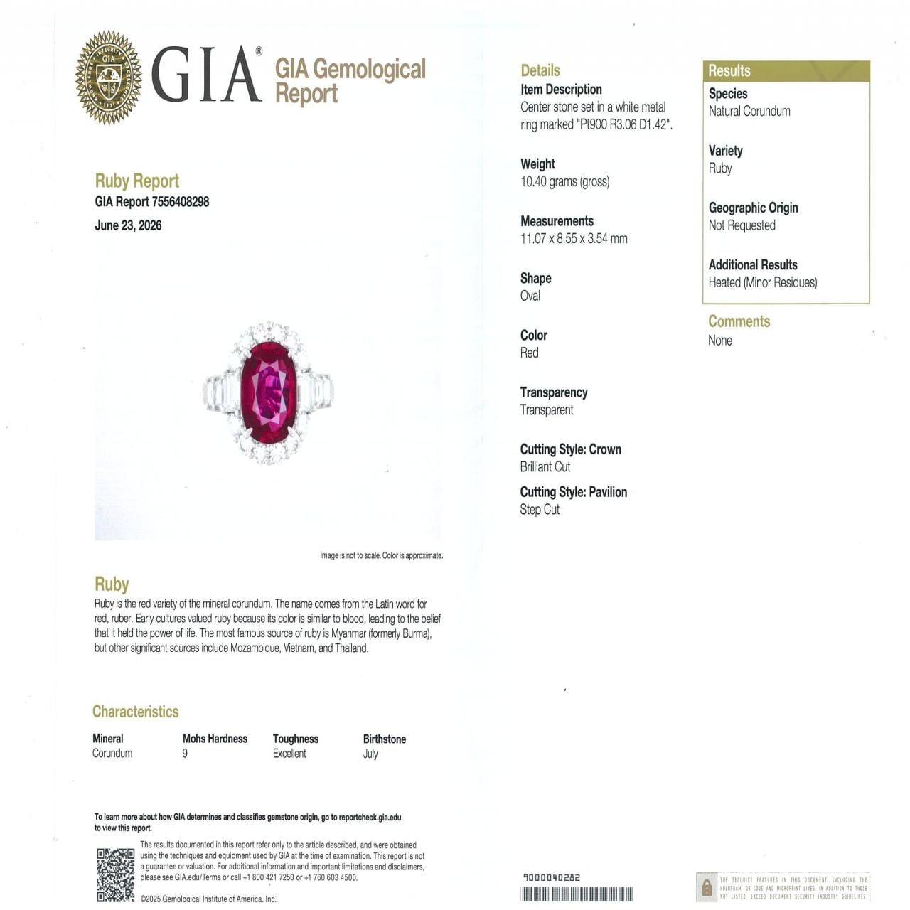 PT900 ルビー リング 3.06CT