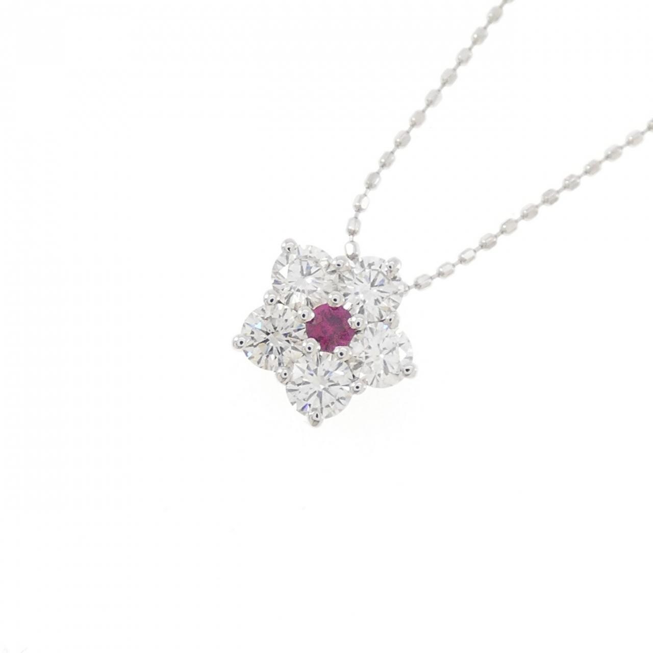 K18WG フラワー ルビー ネックレス 0.06CT