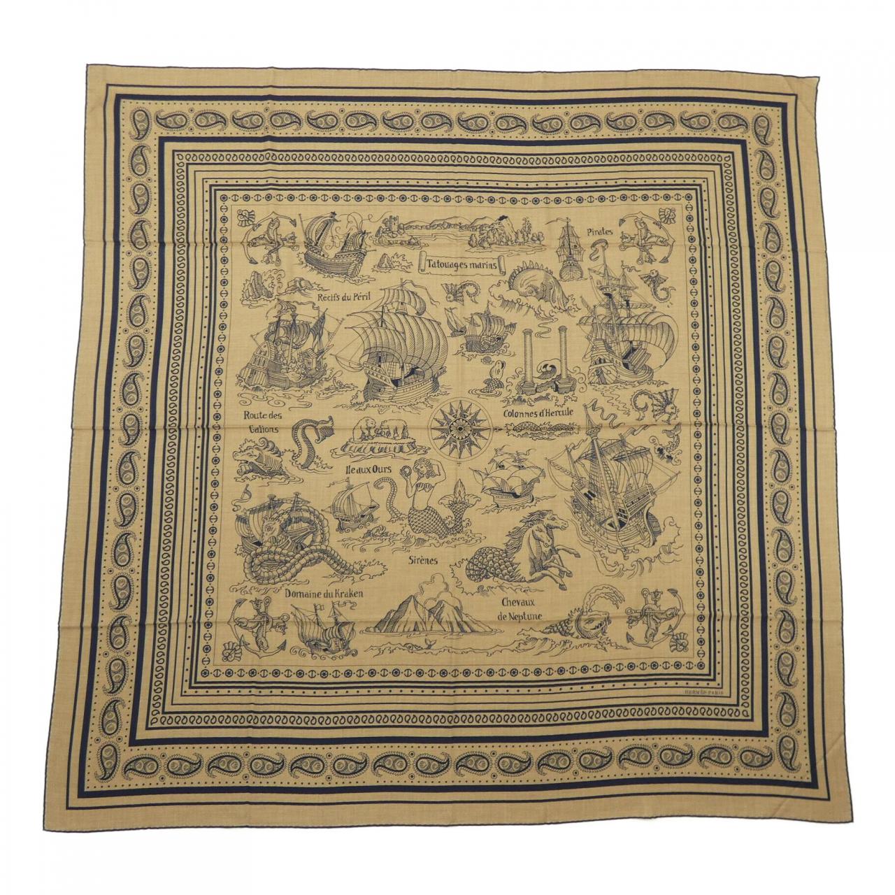 エルメス HERMES TATOUAGES MARINS BANDANA H243374S カレジェアン140 ショール
