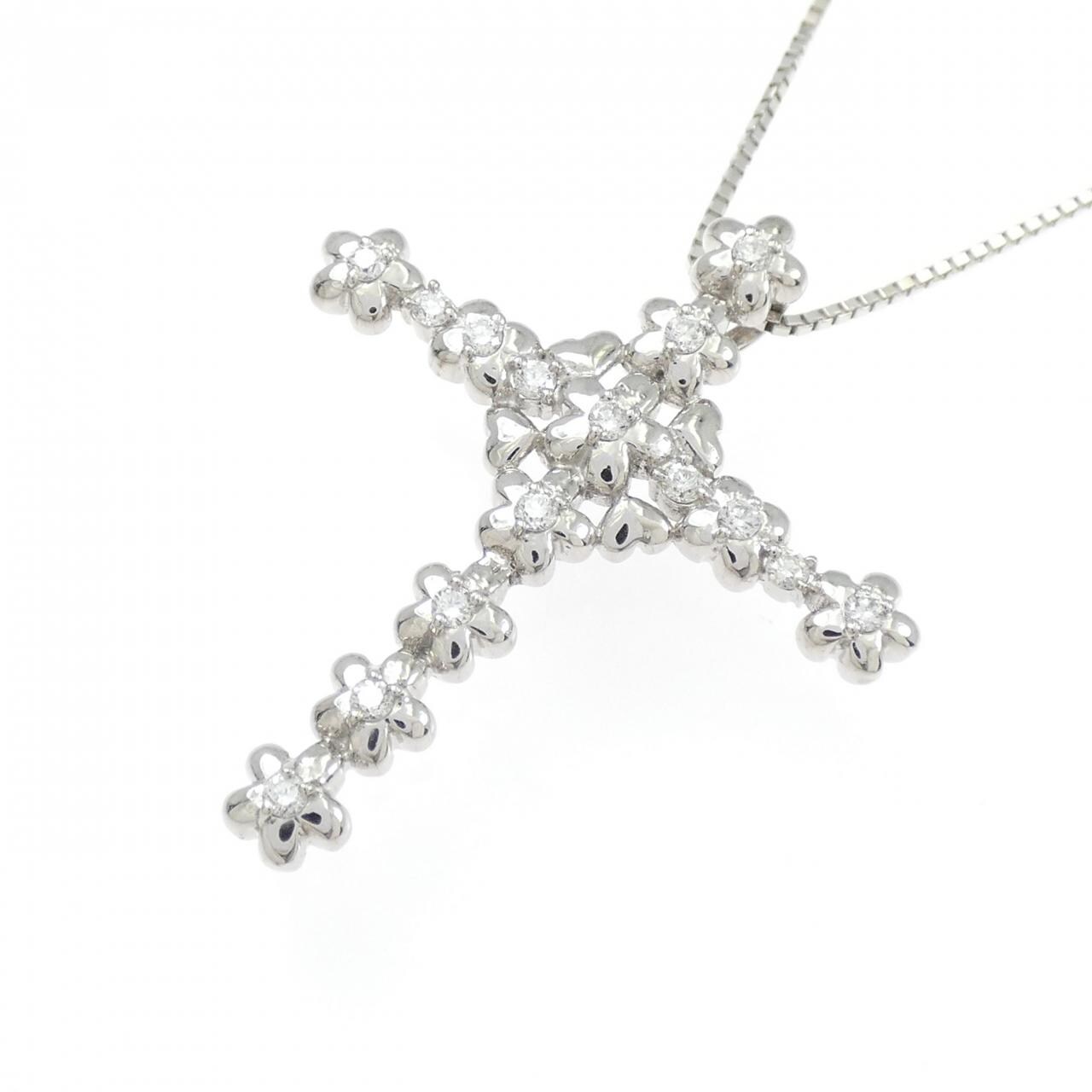 K18WG クロス×フラワー ダイヤモンド ネックレス 0.21CT