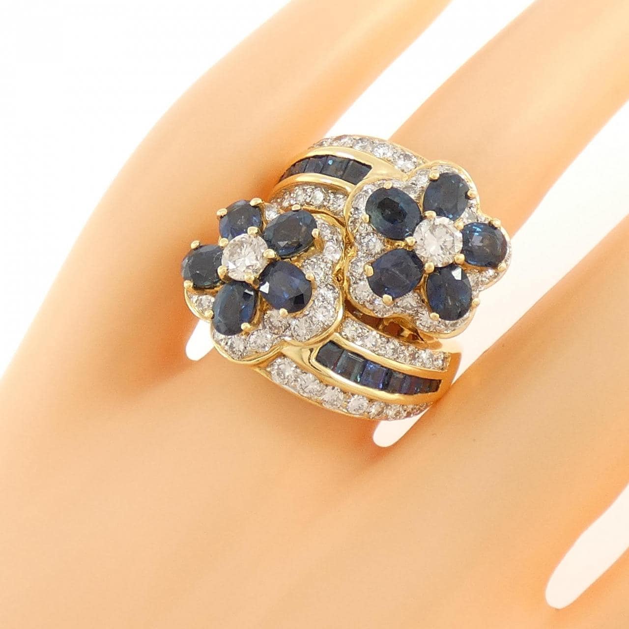K18YG/K18WG フラワー サファイヤ リング 4.92CT