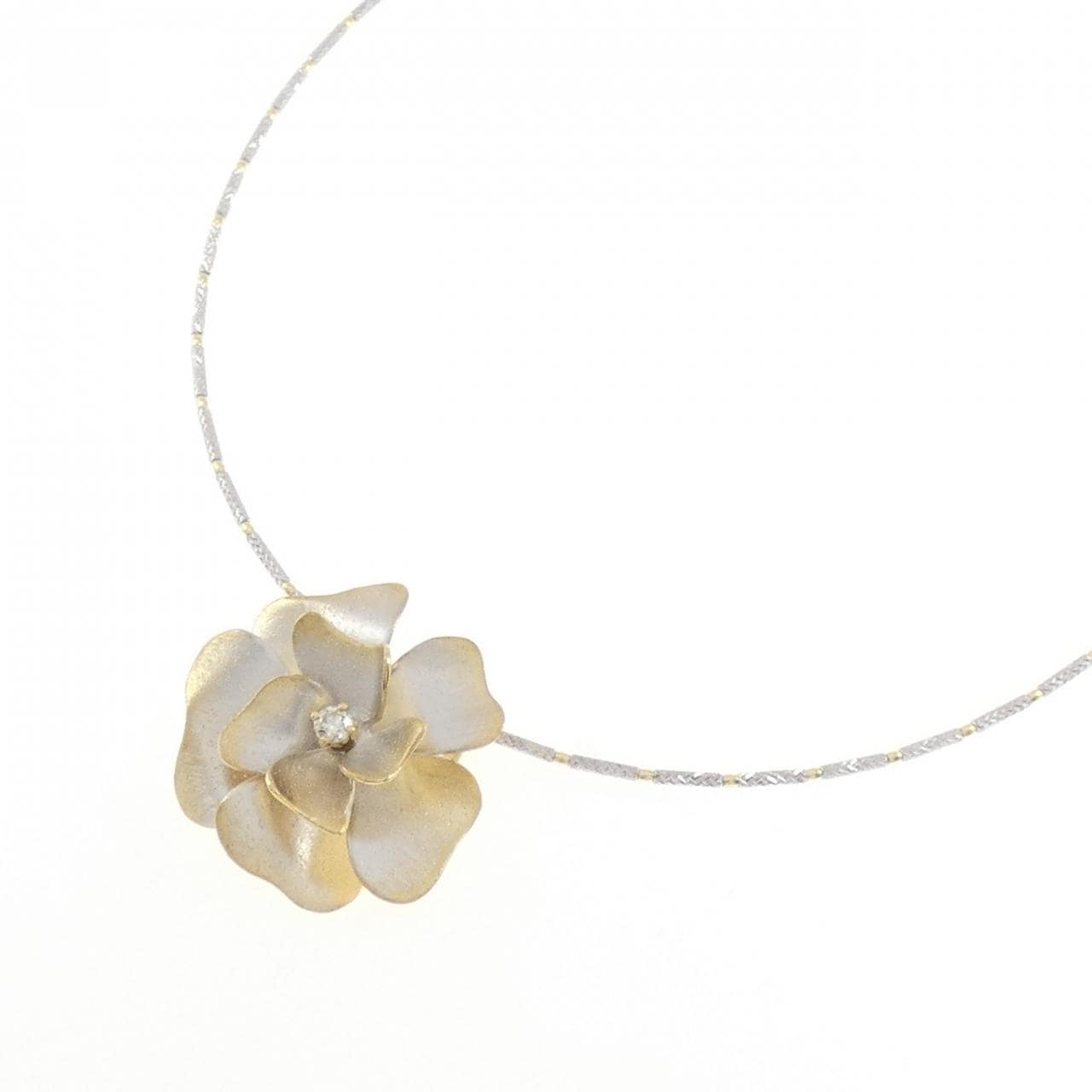 K18YG/K18WG フラワー ダイヤモンド ネックレス 0.12CT