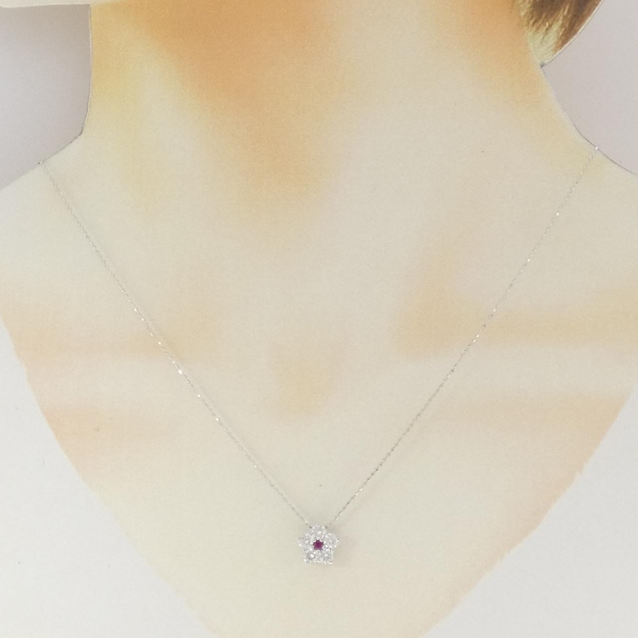 K18WG フラワー ルビー ネックレス 0.06CT