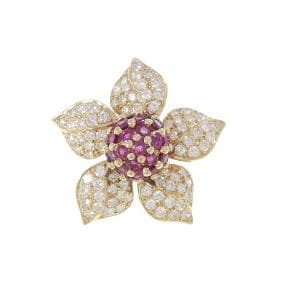 K18YG フラワー ルビー ブローチ 3.25CT