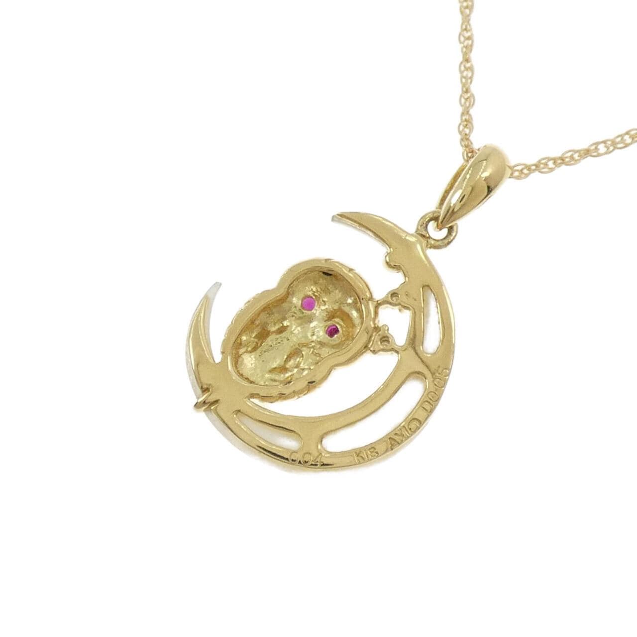 K18YG ムーン×フクロウ マザーオブパール ネックレス