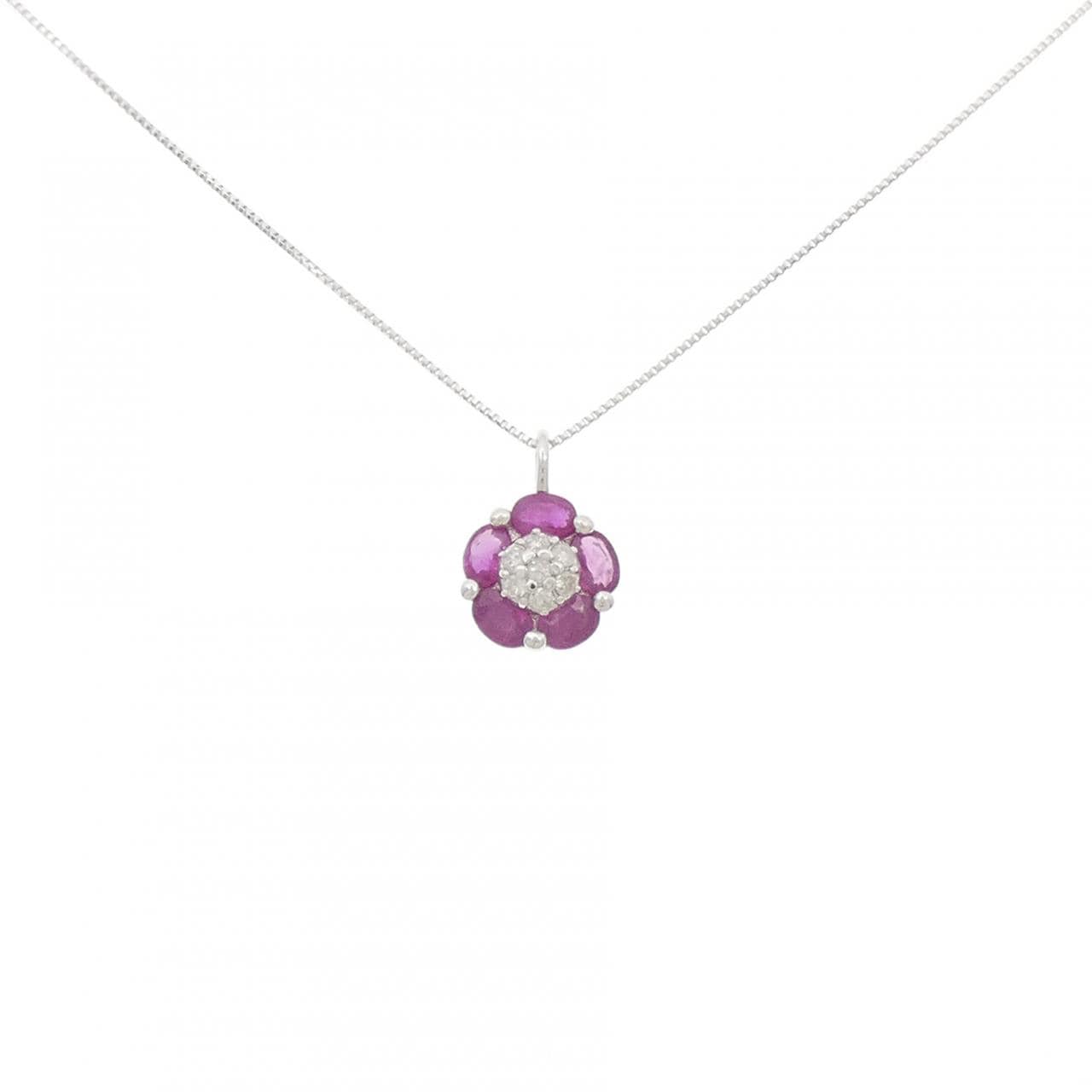 K18WG フラワー ルビー ネックレス 0.90CT