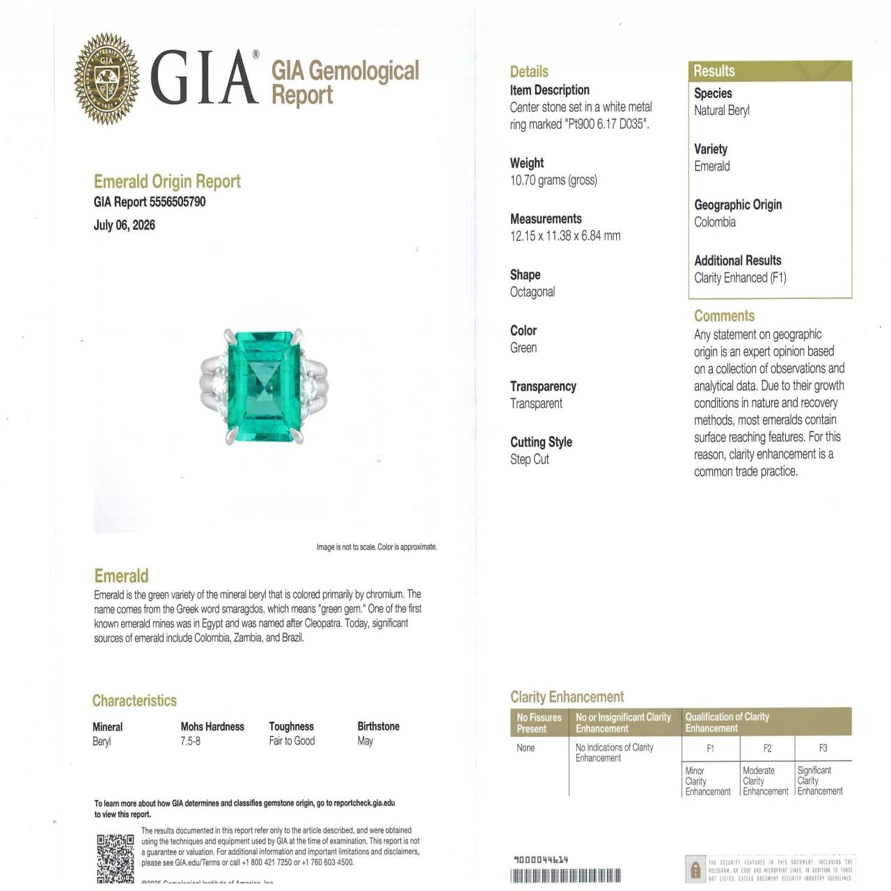 PT900 エメラルド リング 6.17CT コロンビア産