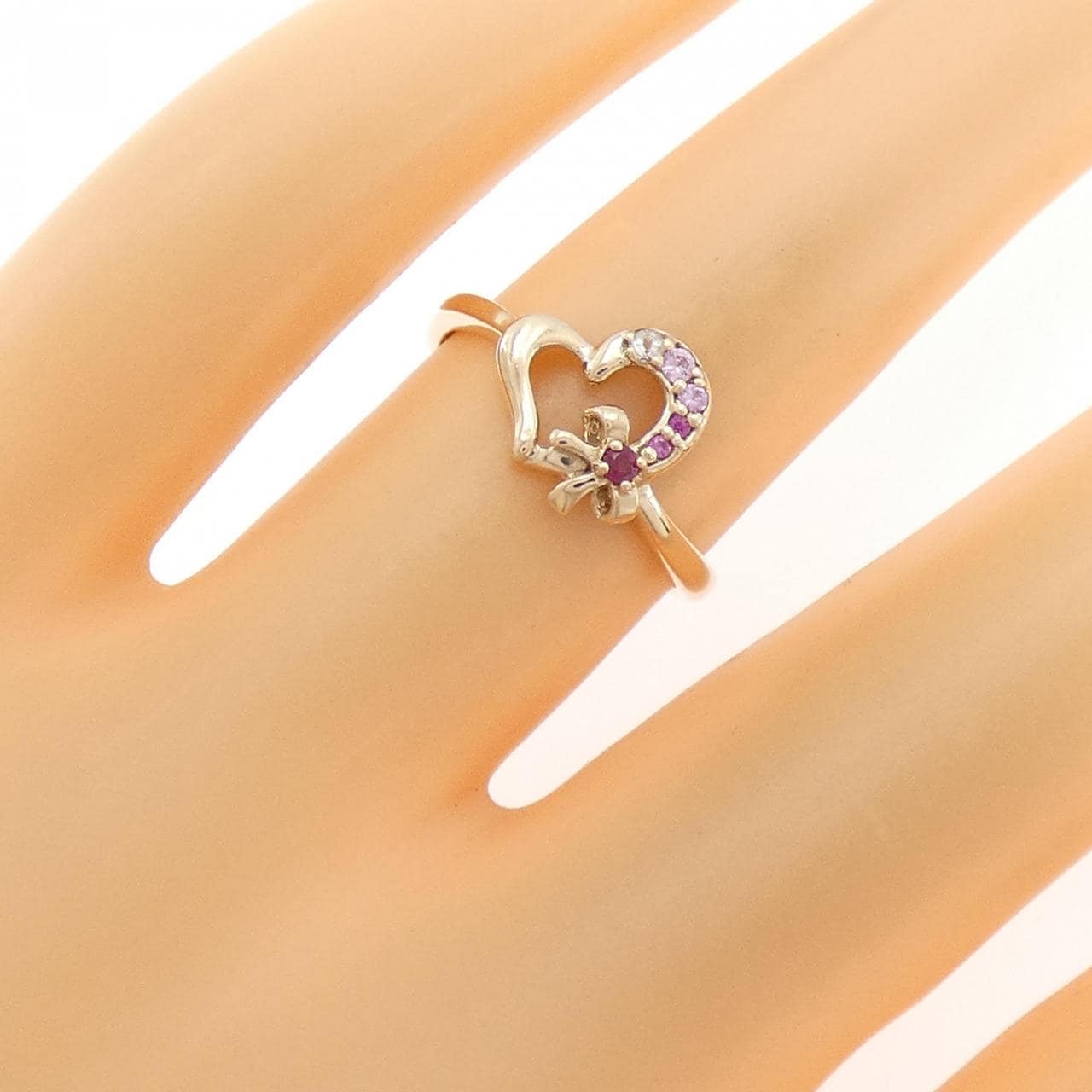 K10PG ハート×リボン カラーストーン リング