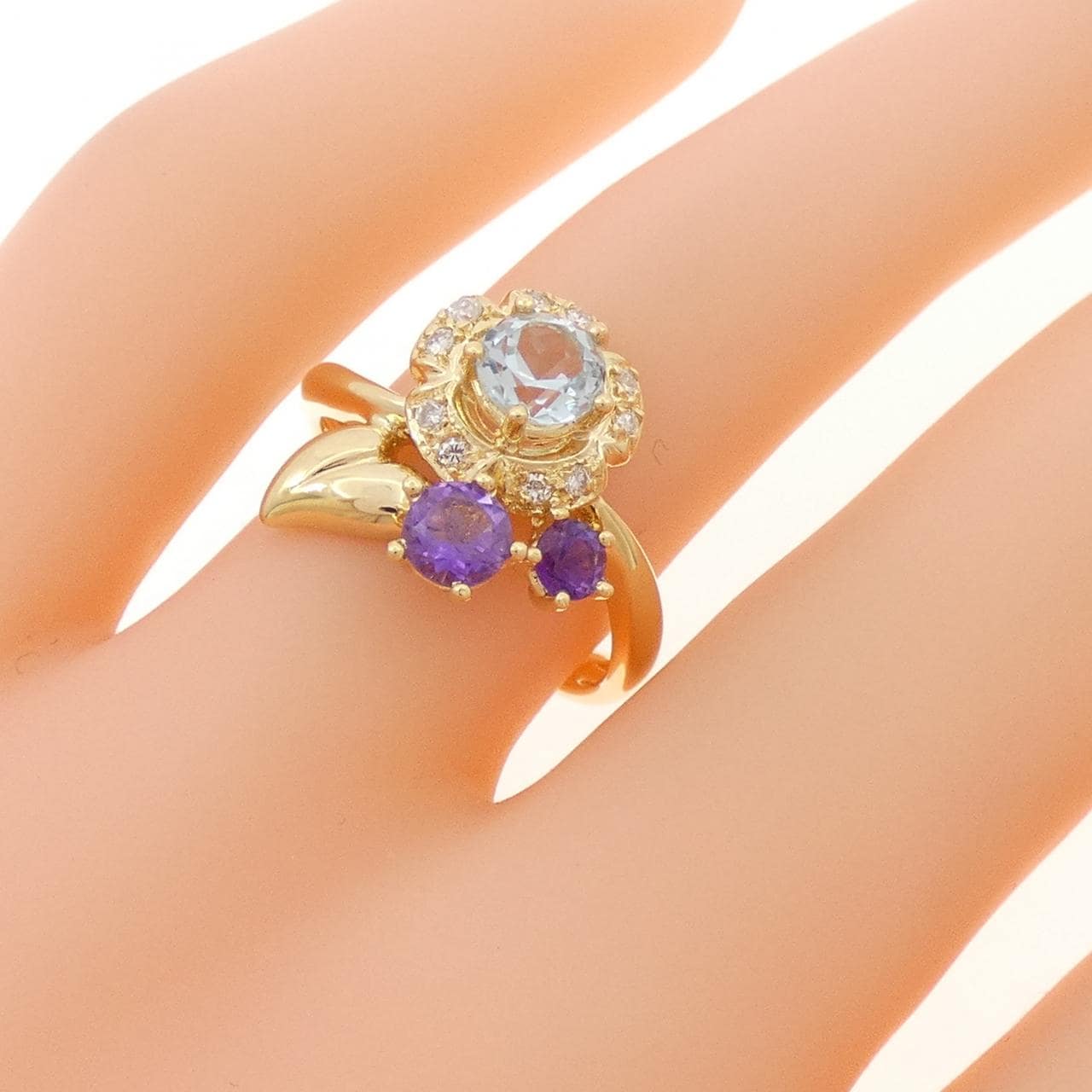 K18YG フラワー カラーストーン リング