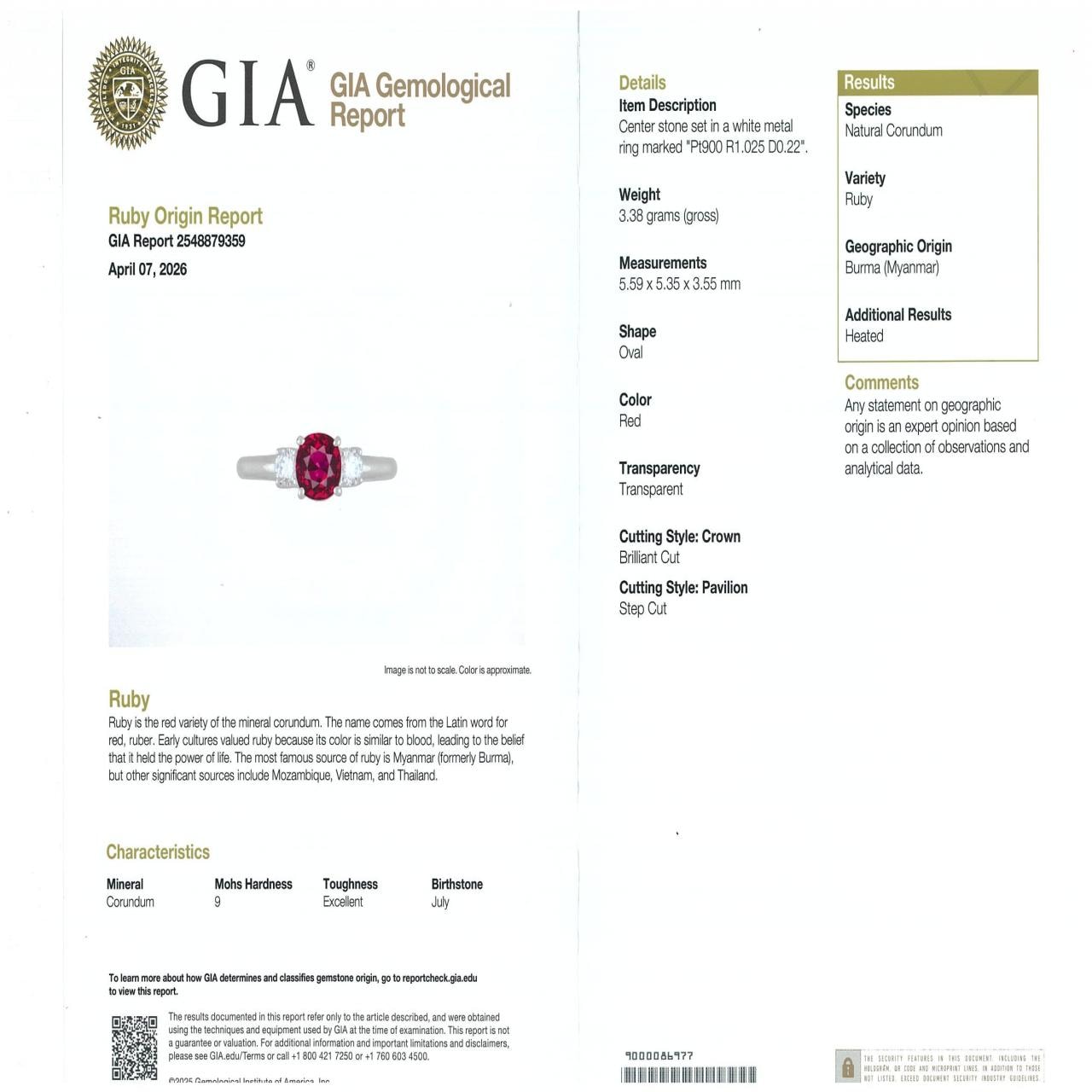 PT900 Ruby Ring, 1.025 CT, Burmese