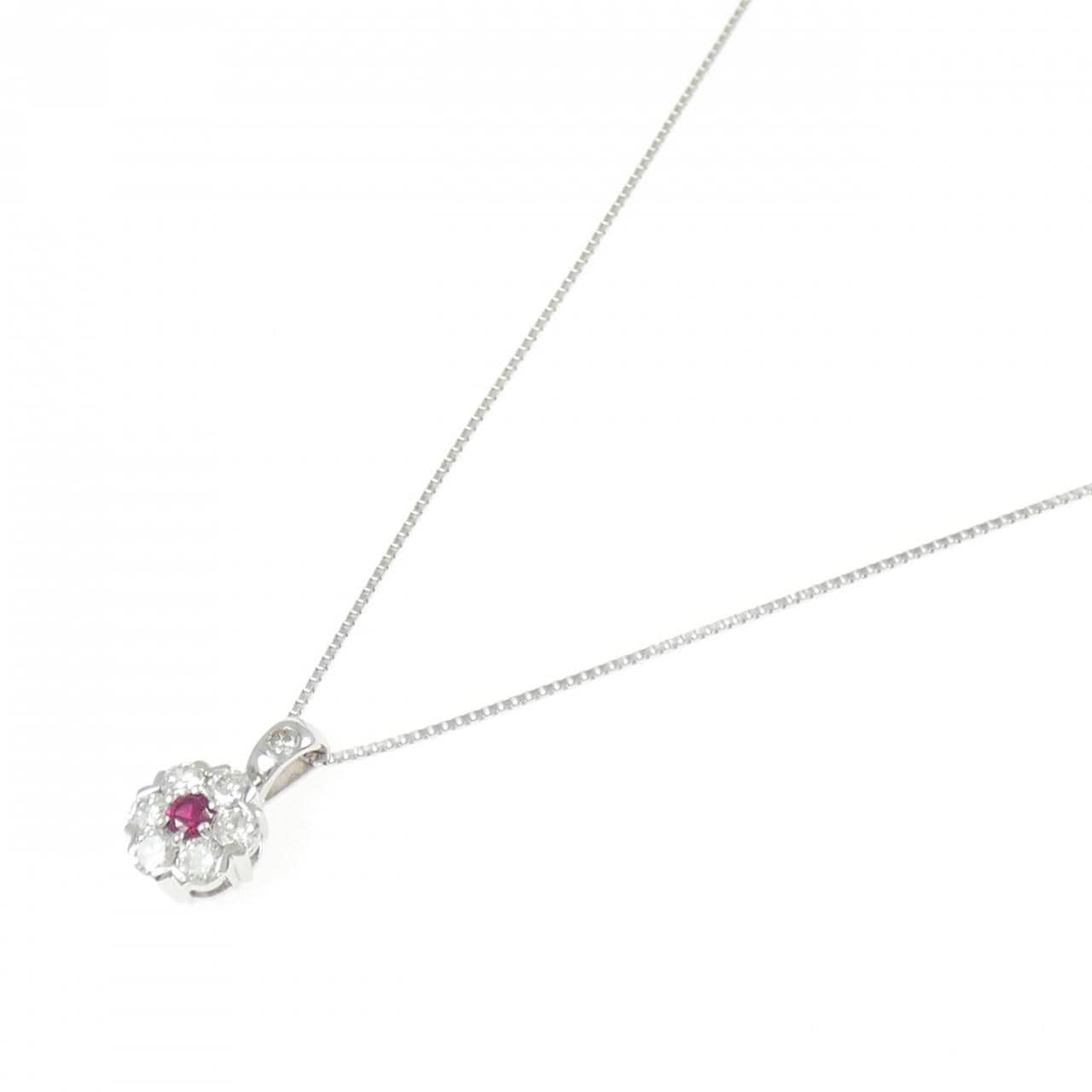 K18WGフラワー  ルビー ネックレス 0.135CT