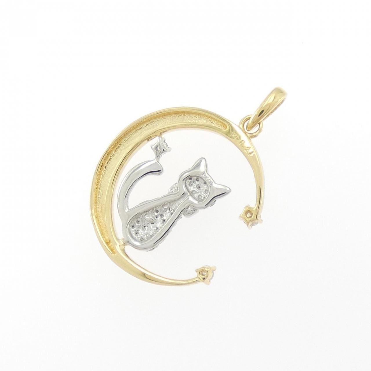 K18YG/PT950 猫 x 月亮钻石吊坠 0.21CT