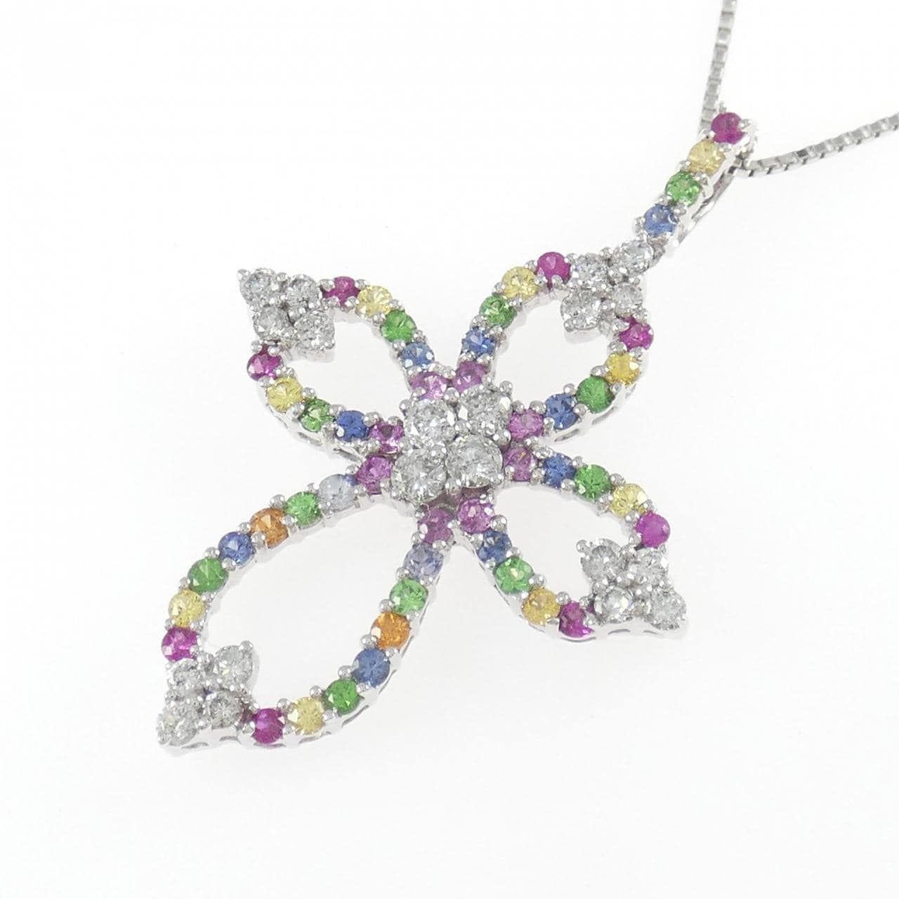 750WG/K18WG クロス カラーストーン ネックレス