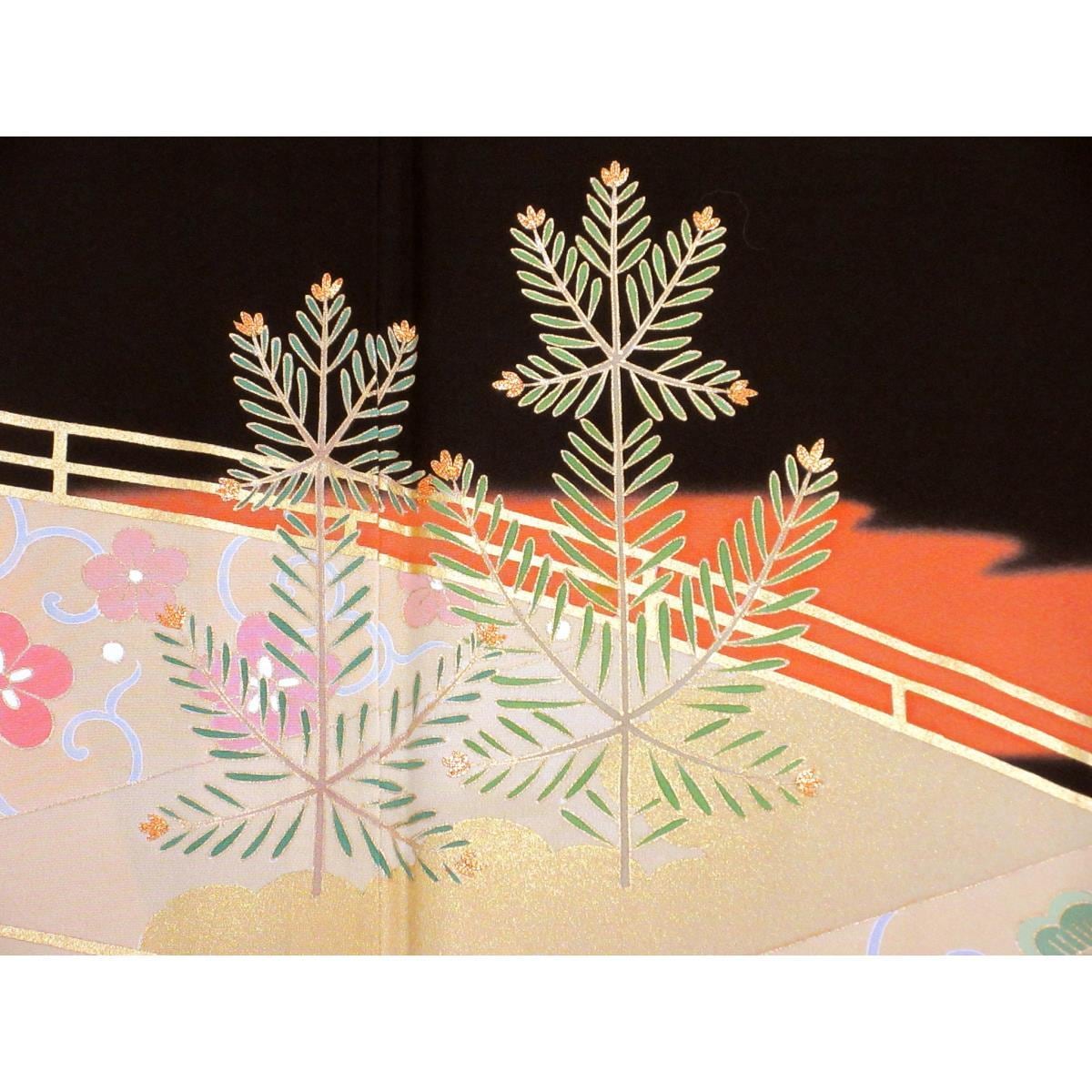 留袖　友禅金彩加工　刺繍入り　抱茗荷　身幅Ｌ寸