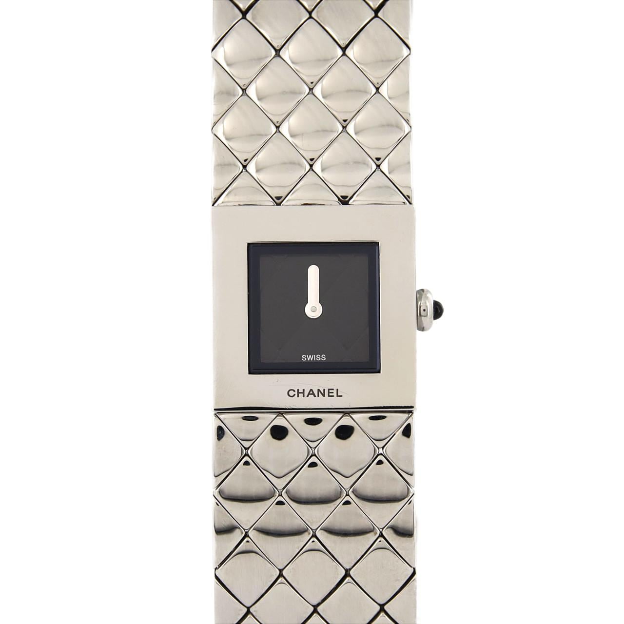 豊富な品CHANEL シャネル 腕時計 マトラッセ クオーツ 黒文字盤 2針 アナログ ブラック レザーベルト ステンレス SS レディース 管理RY22001905 マトラッセ
