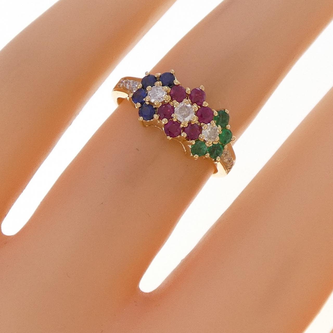 750YG フラワー カラーストーン リング