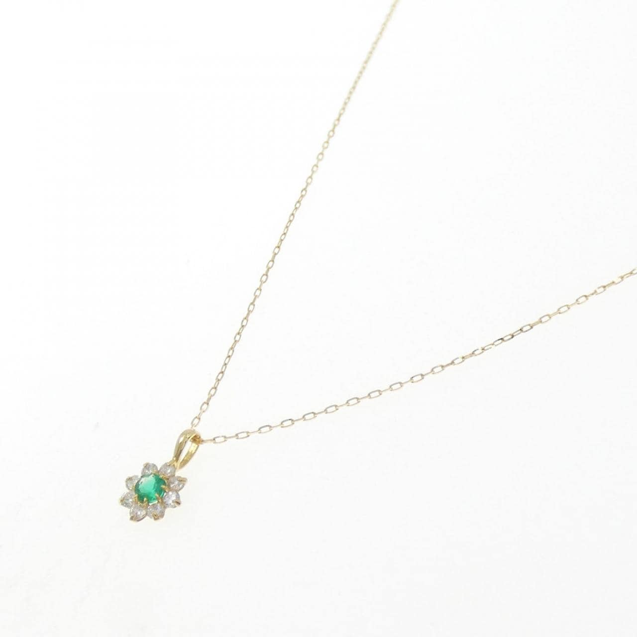 【新品】K18YG フラワー エメラルド ネックレス 0.07CT