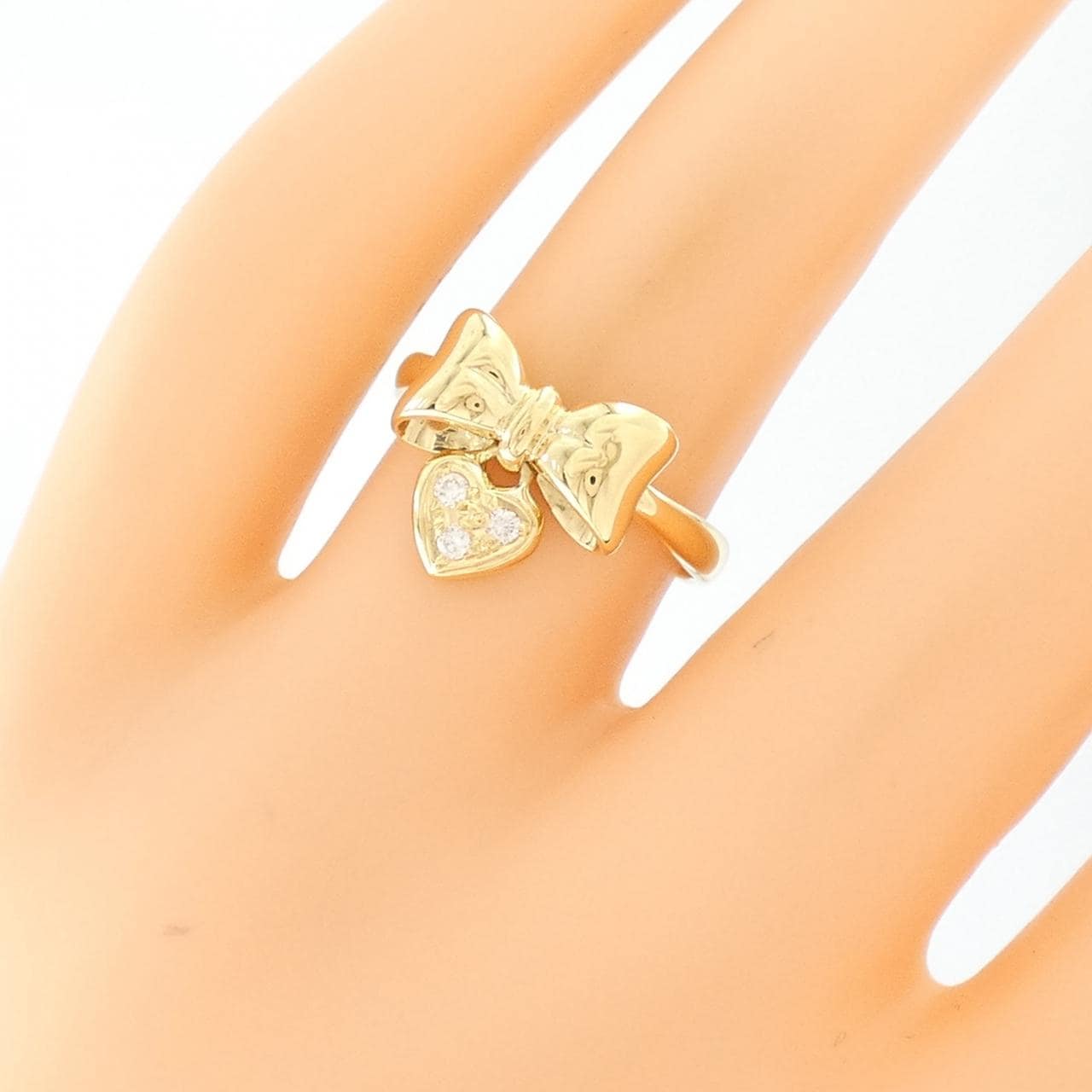 K18YG リボン×ハート ダイヤモンド リング