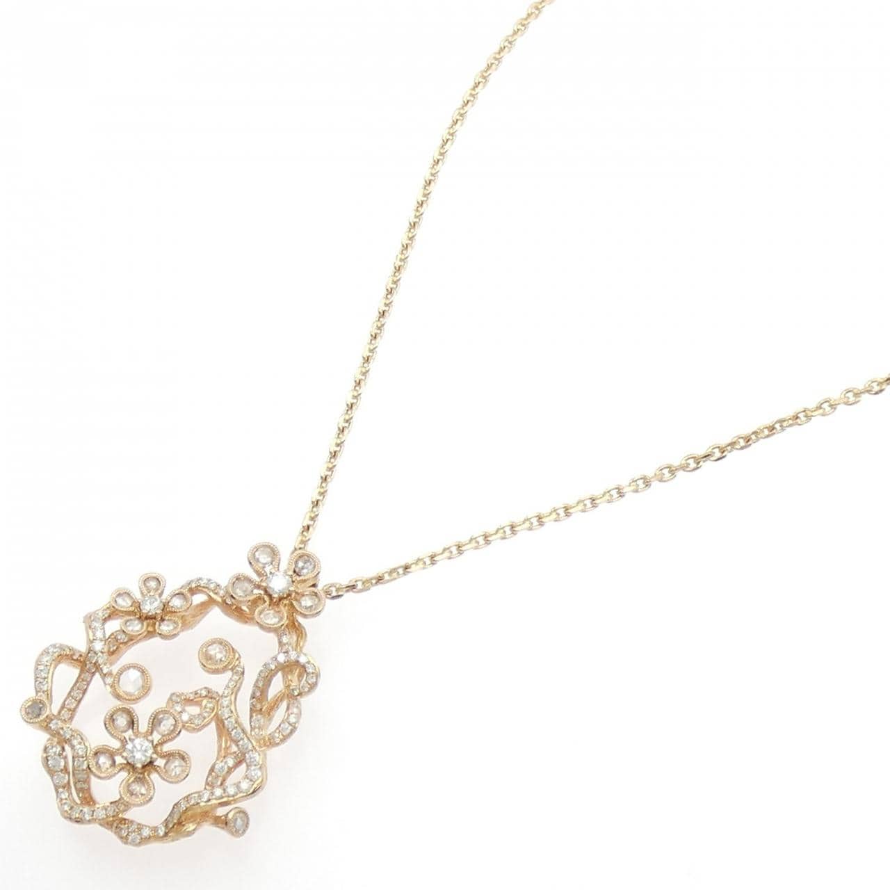750PG/K18PG Flower Diamond Necklace 1.08CT
