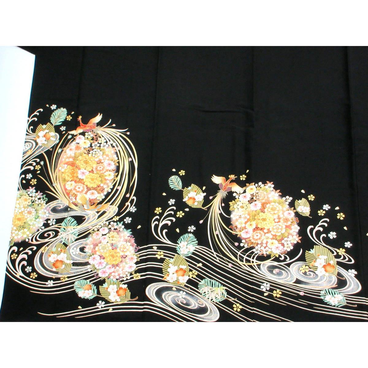 留袖　友禅金彩加工　刺繍入り　丸に三ツ柏