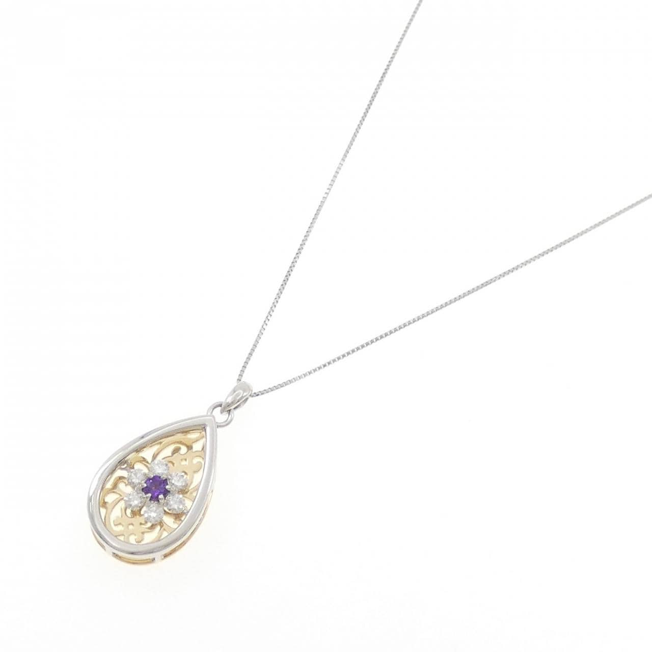 PT900/K18YG/PT850 フラワー アメジスト ネックレス 0.16CT