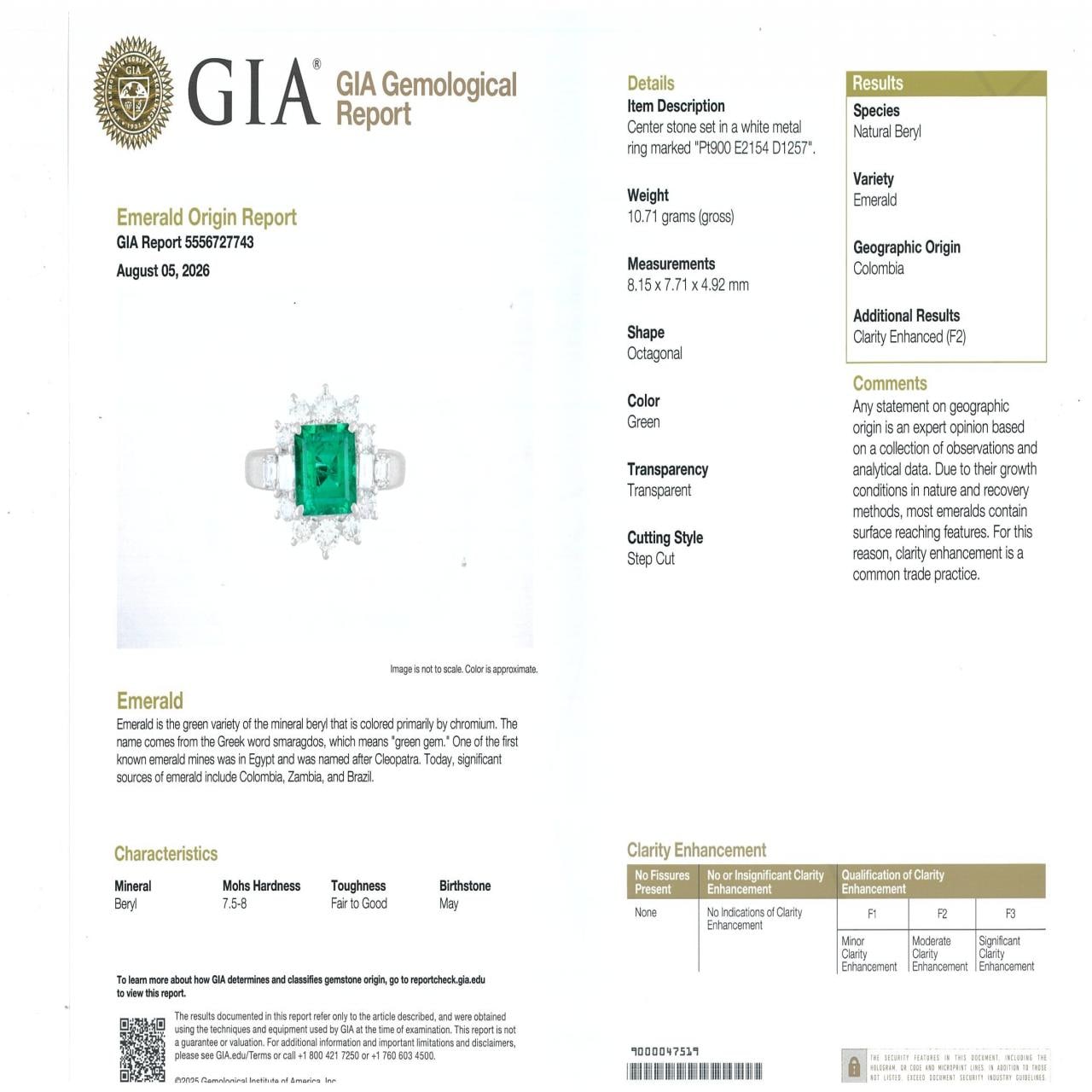 PT900 エメラルド リング 2.154CT コロンビア産