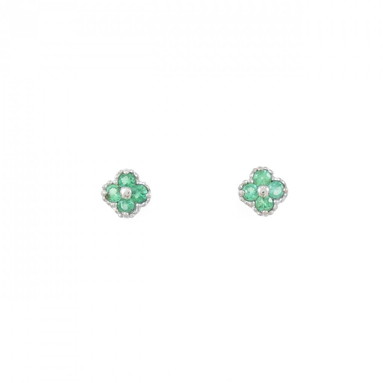 K18WG フラワー エメラルド ピアス 0.20CT