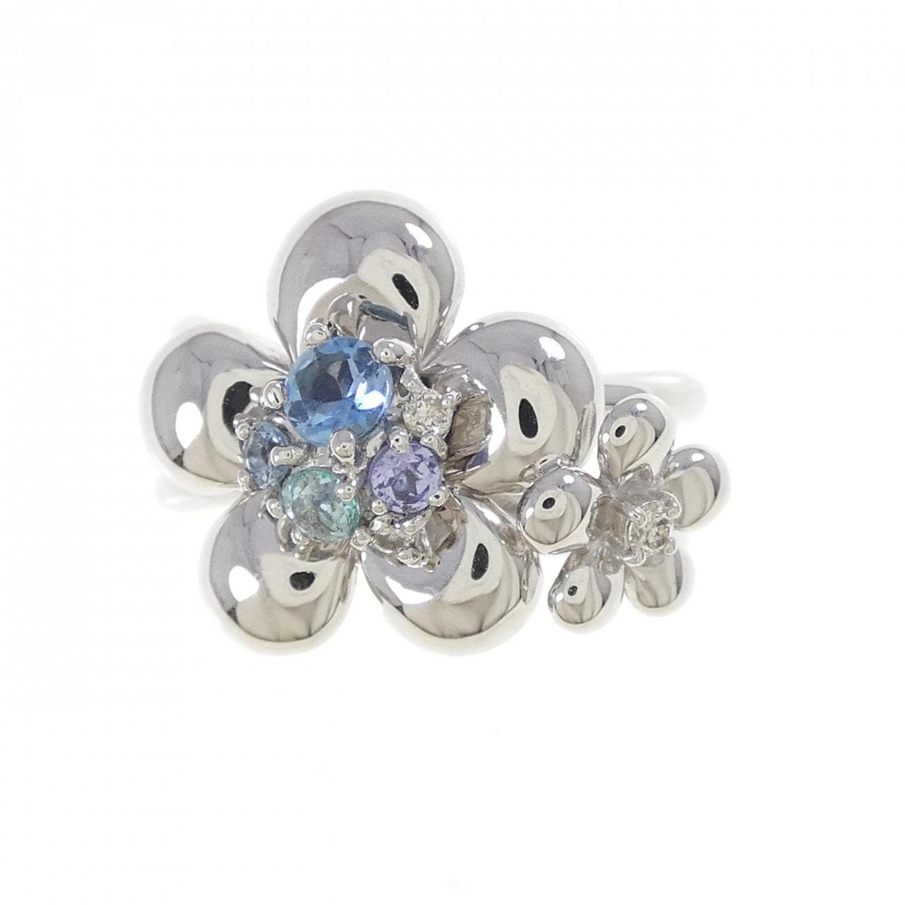 K18WG フラワー カラーストーン リング