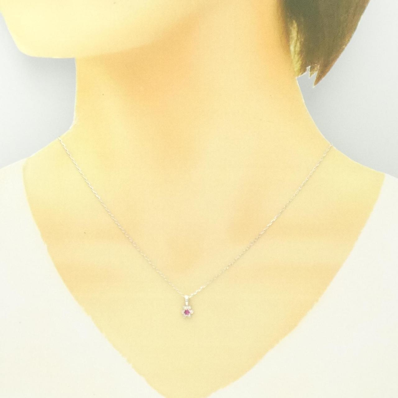 K18WG フラワー ルビー ネックレス 0.10CT-