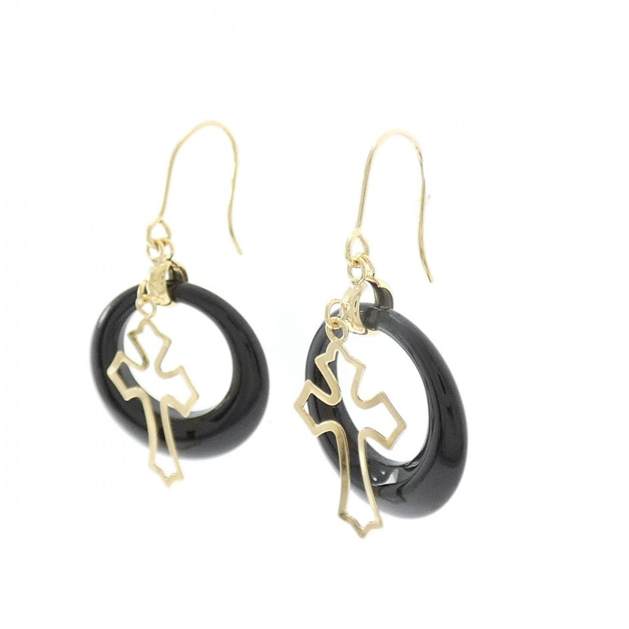 K18YG クロス オニキス ピアス