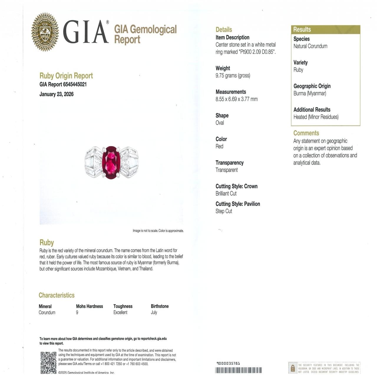 PT900 ルビー リング 2.09CT ビルマ産