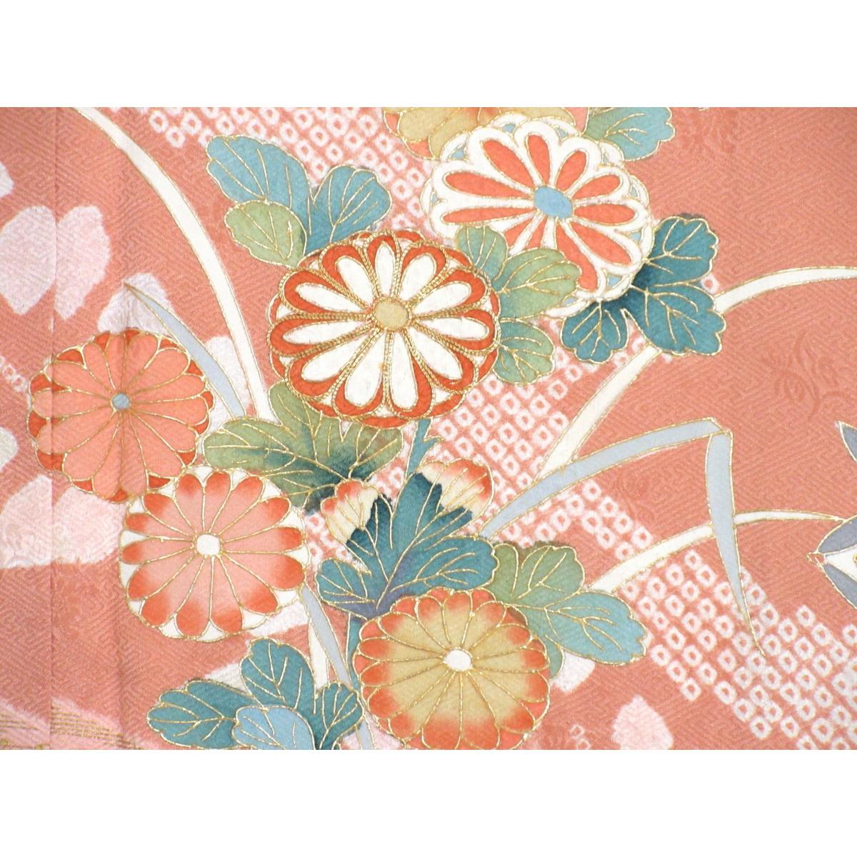 訪問着　友禅金彩加工　刺繍入り絞り加工