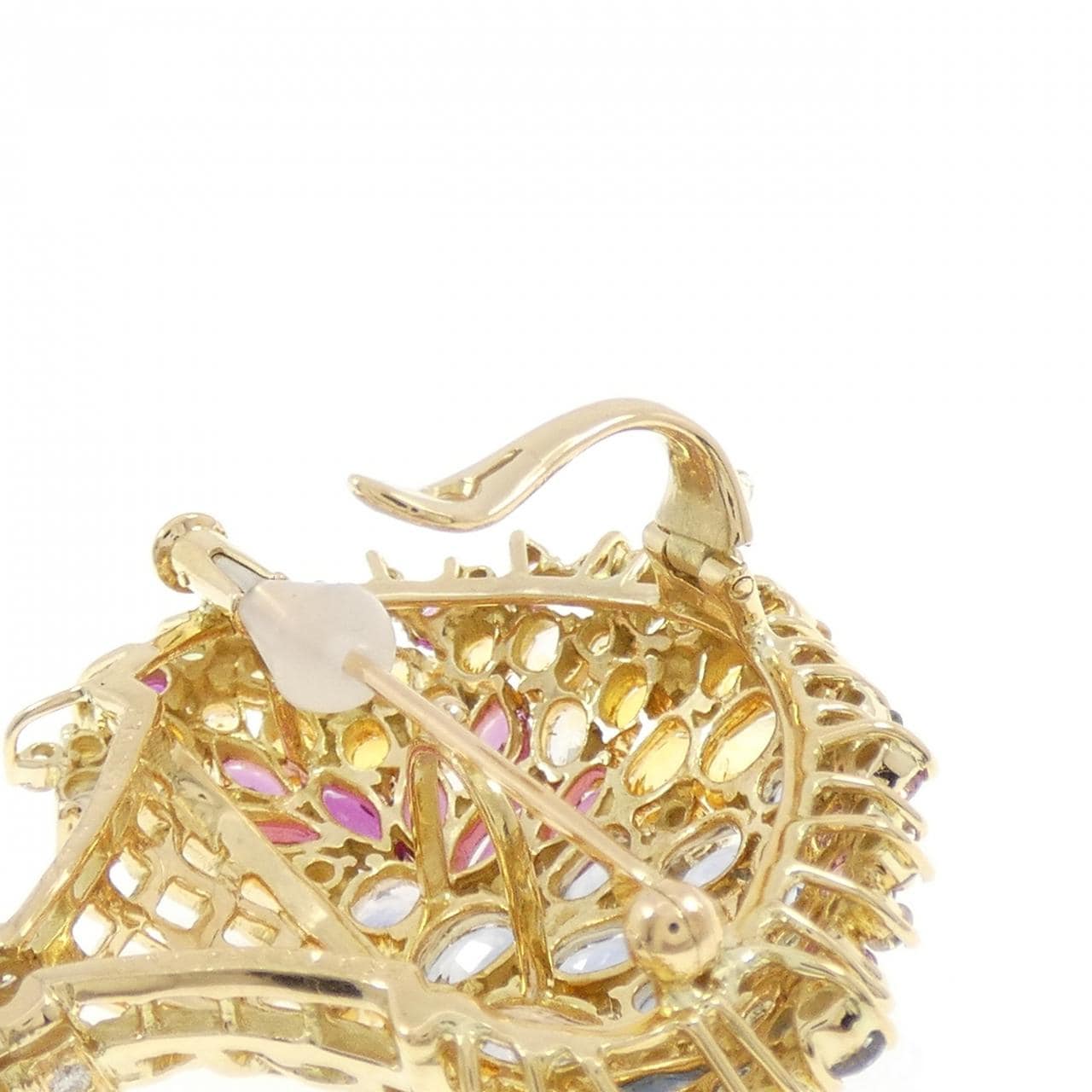 18KYG フラワー カラーストーン ブローチ