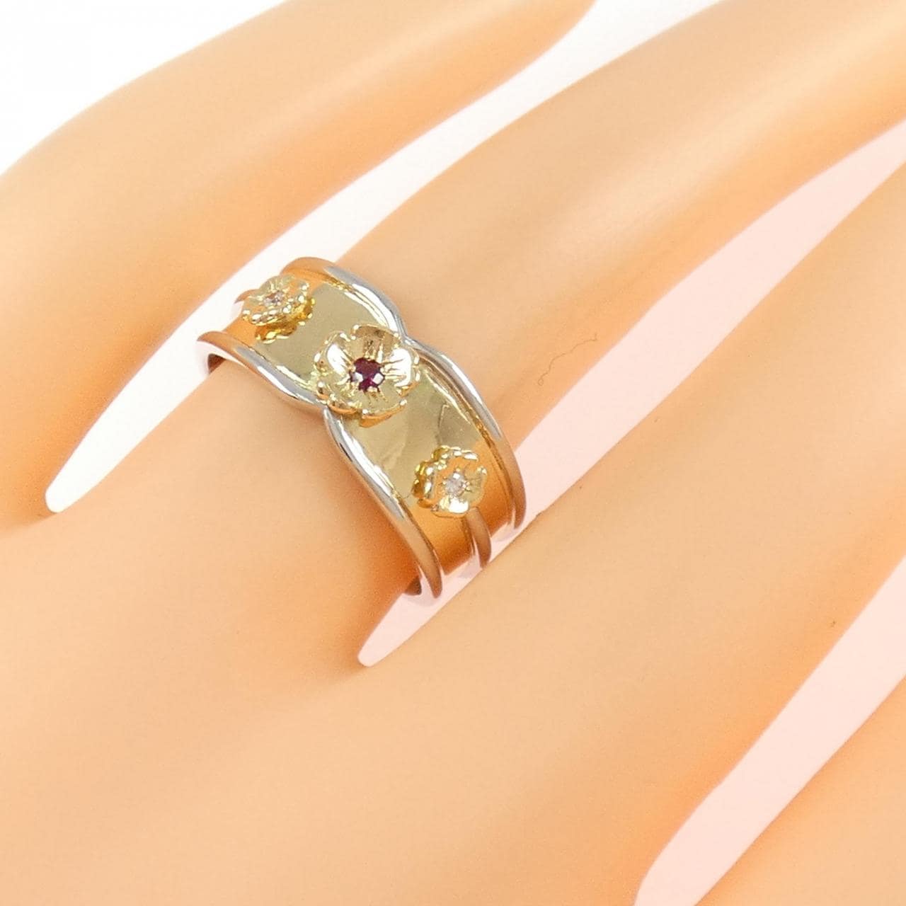 K18YG/PT900花朵紅寶石戒指