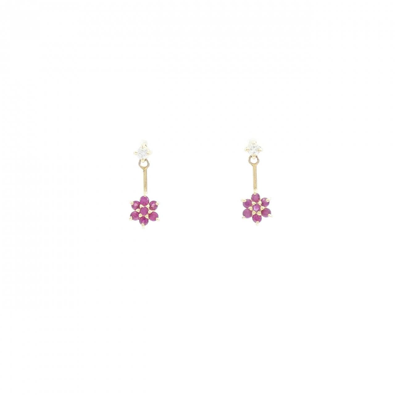 K18YG フラワー ルビー ピアス 0.16CT