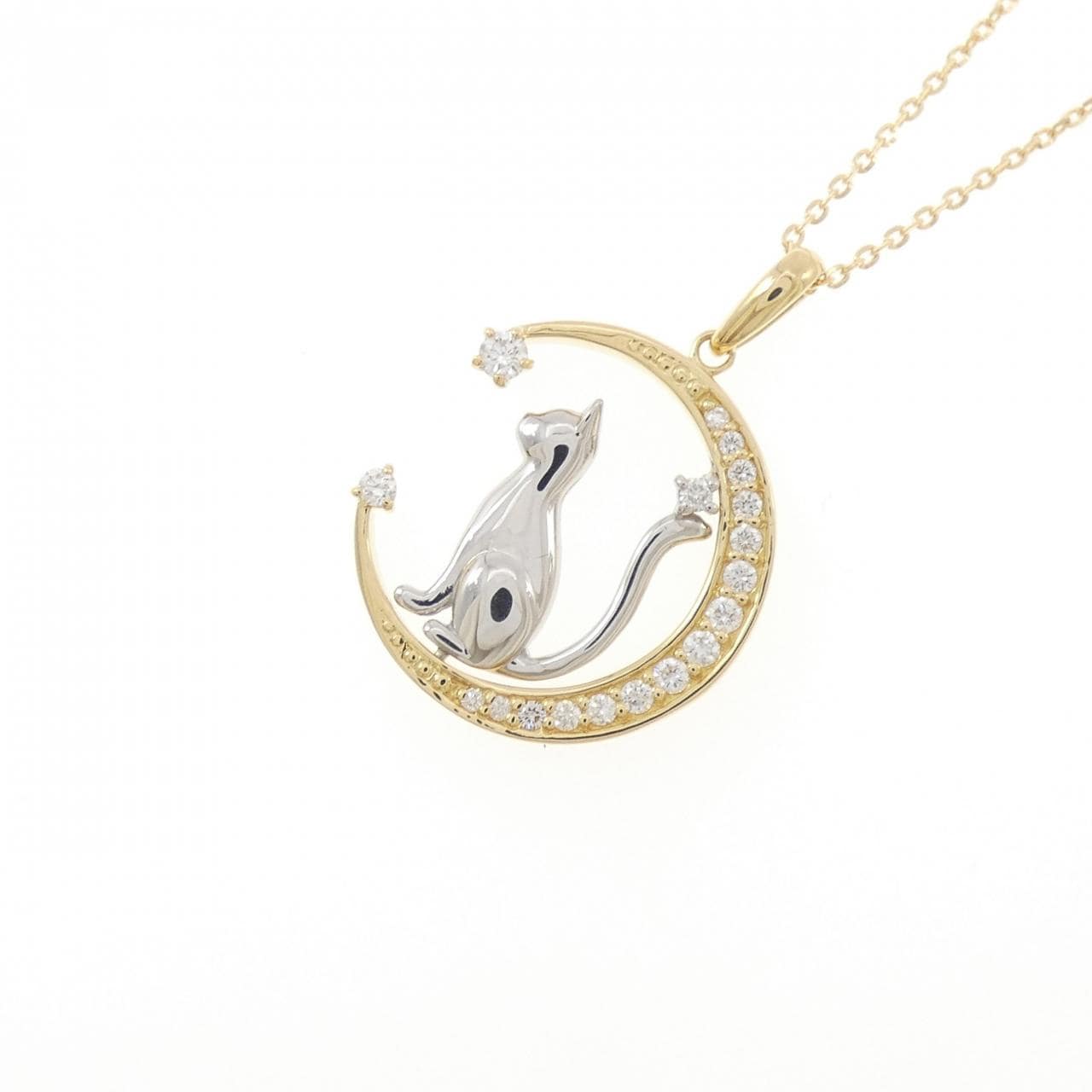 K18YG/PT900 キャット×ムーン ダイヤモンド ネックレス 0.22CT