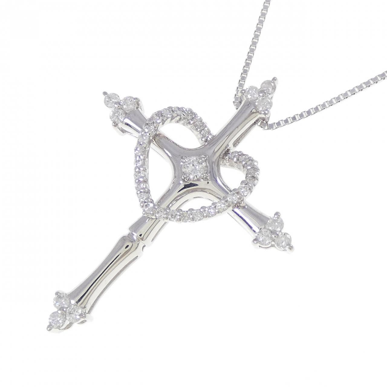 K18WG Cross and Heart Diamond Necklace
