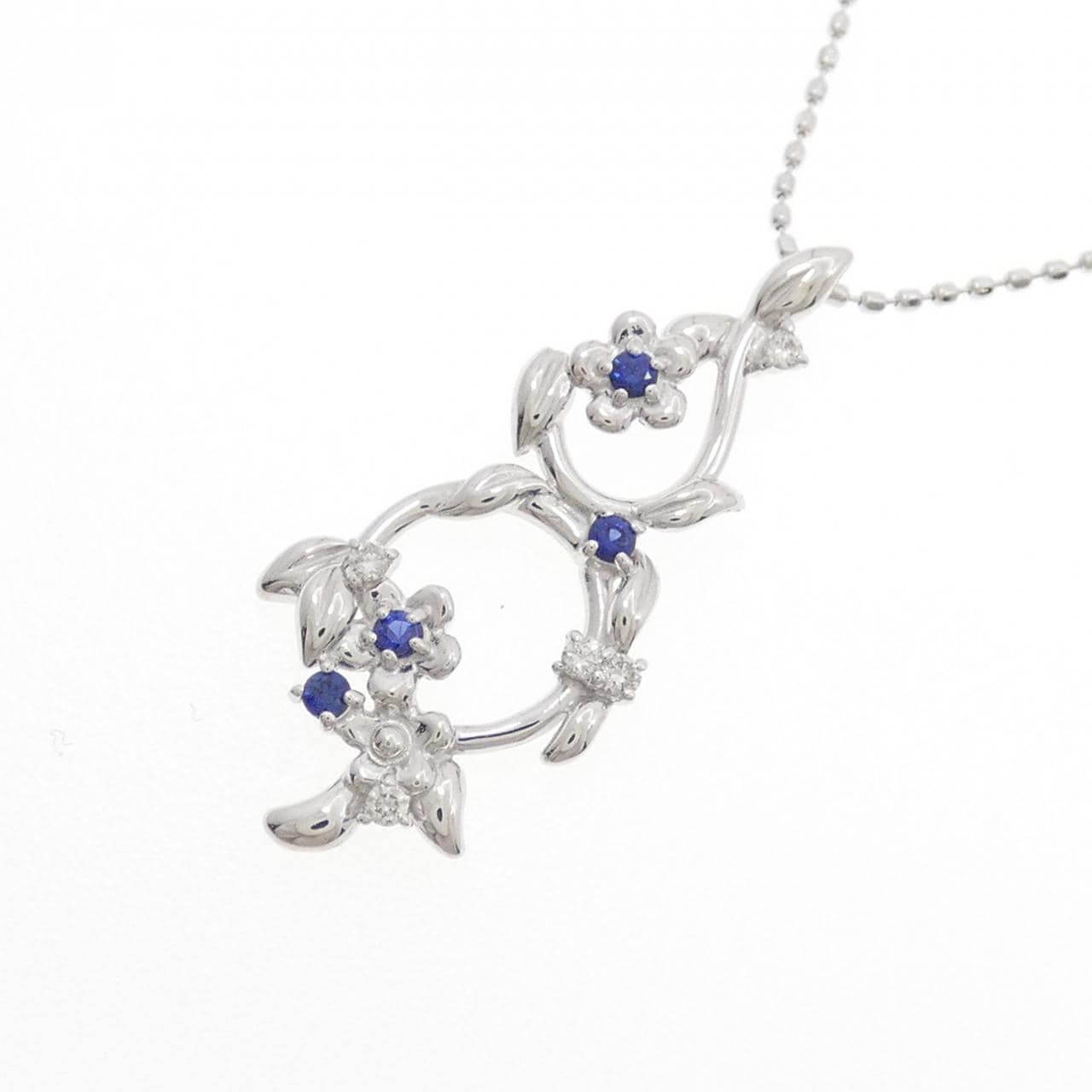 K18WG フラワー サファイヤ ネックレス 0.07CT