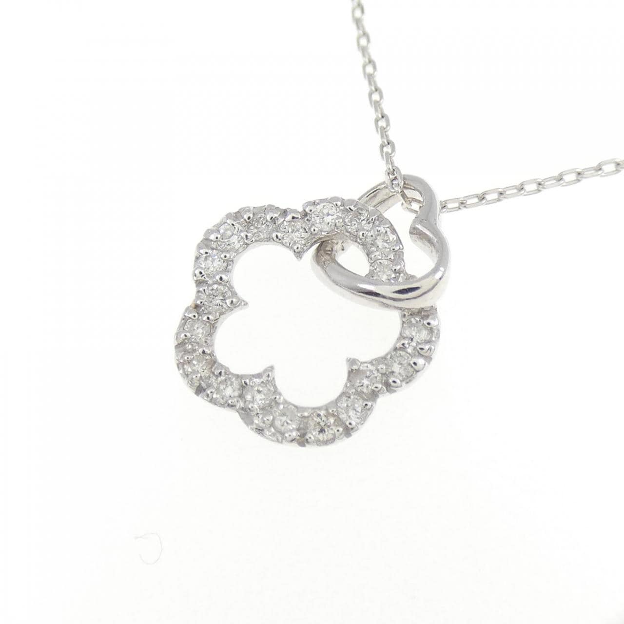 K18WG Flower x Heart Diamond Necklace 0.10CT