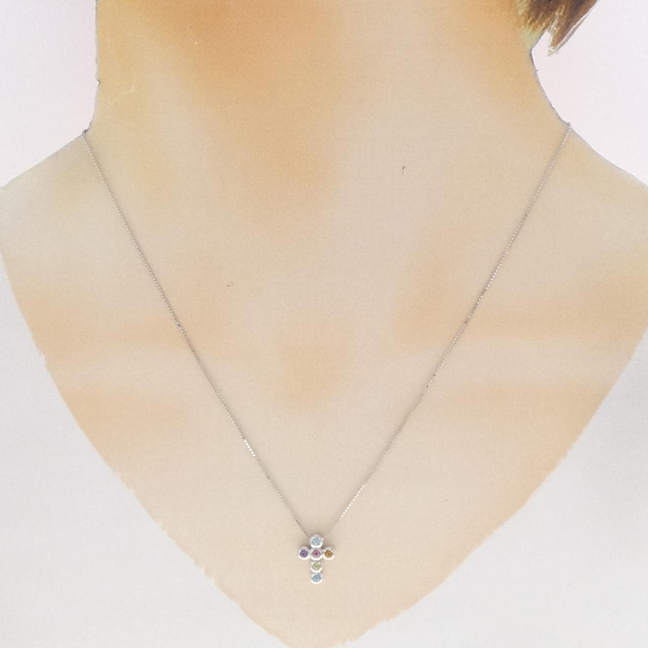 750WG クロス カラーストーン ネックレス