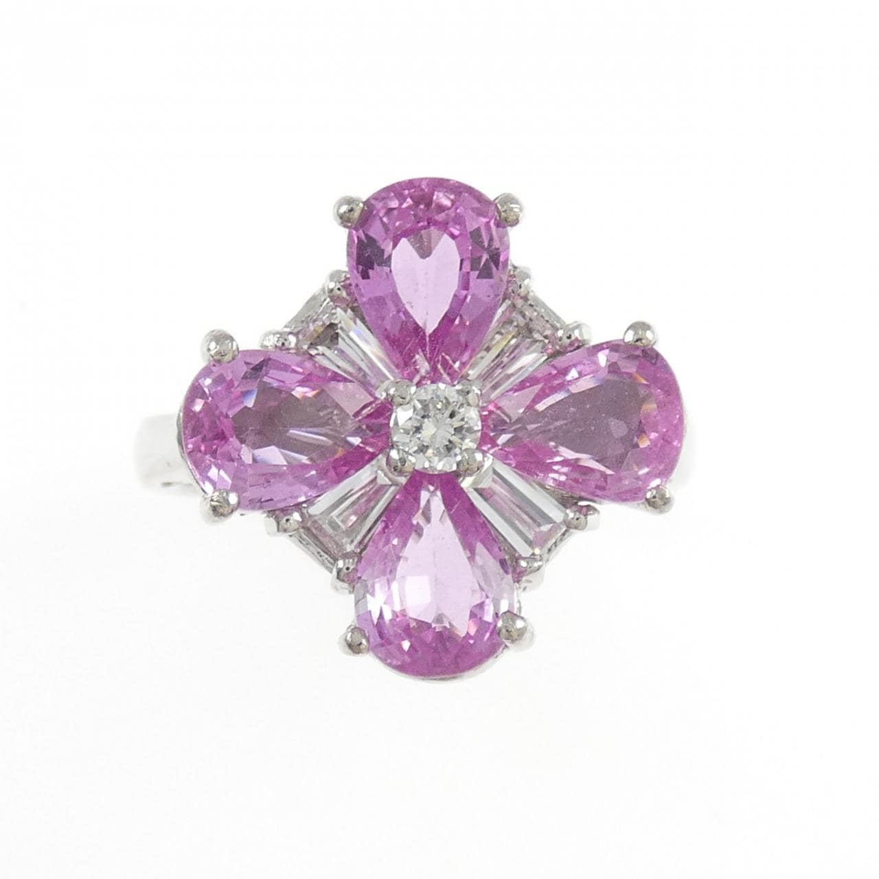 K18WG フラワー サファイヤ リング 2.96CT