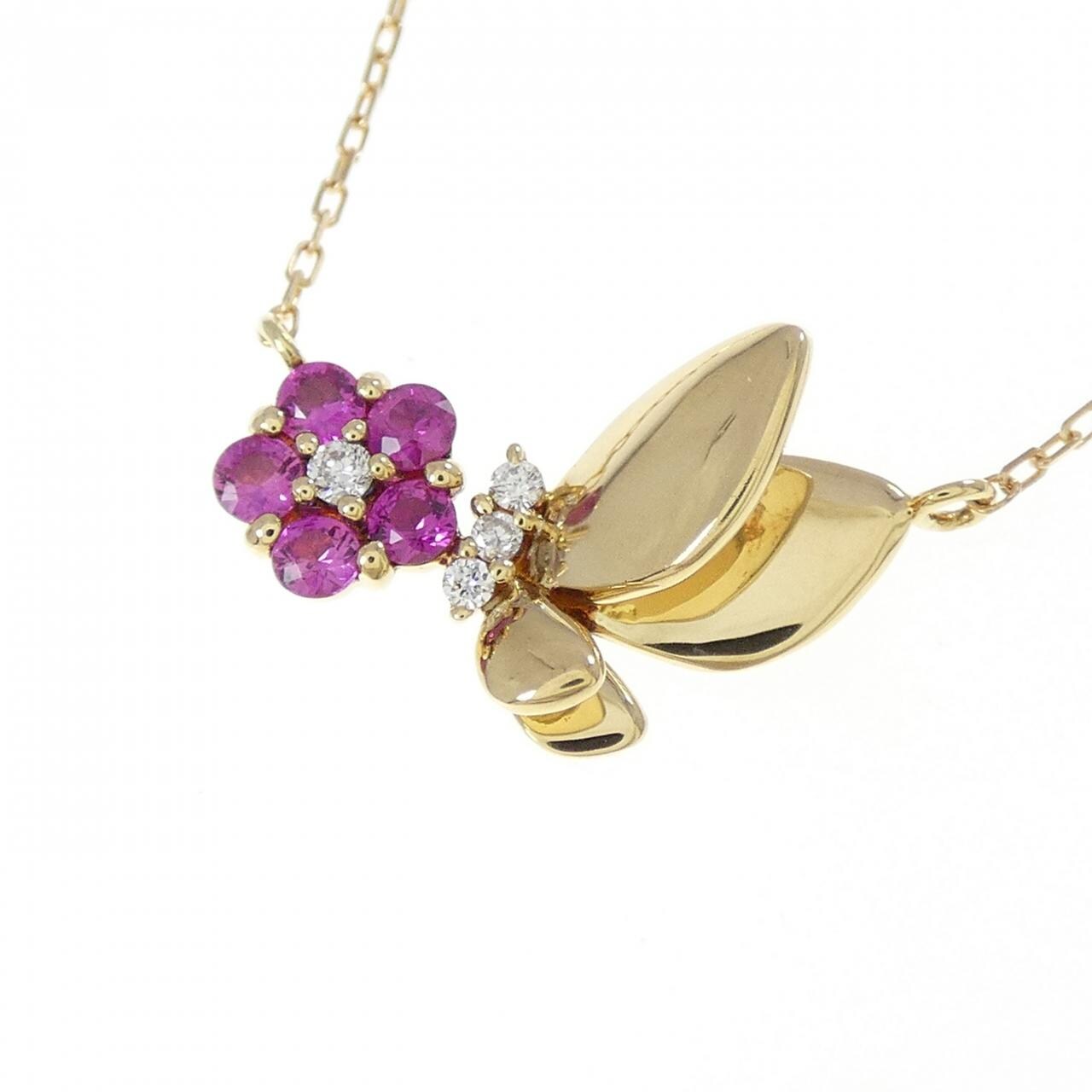 K18YG フラワー×バタフライ ルビー ネックレス 0.21CT