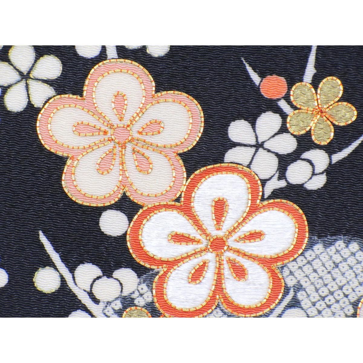 名古屋帯　ちりめん染帯　友禅加工刺繍入り