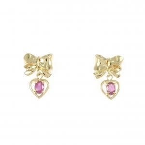 K18YG リボン×ハート ルビー ピアス