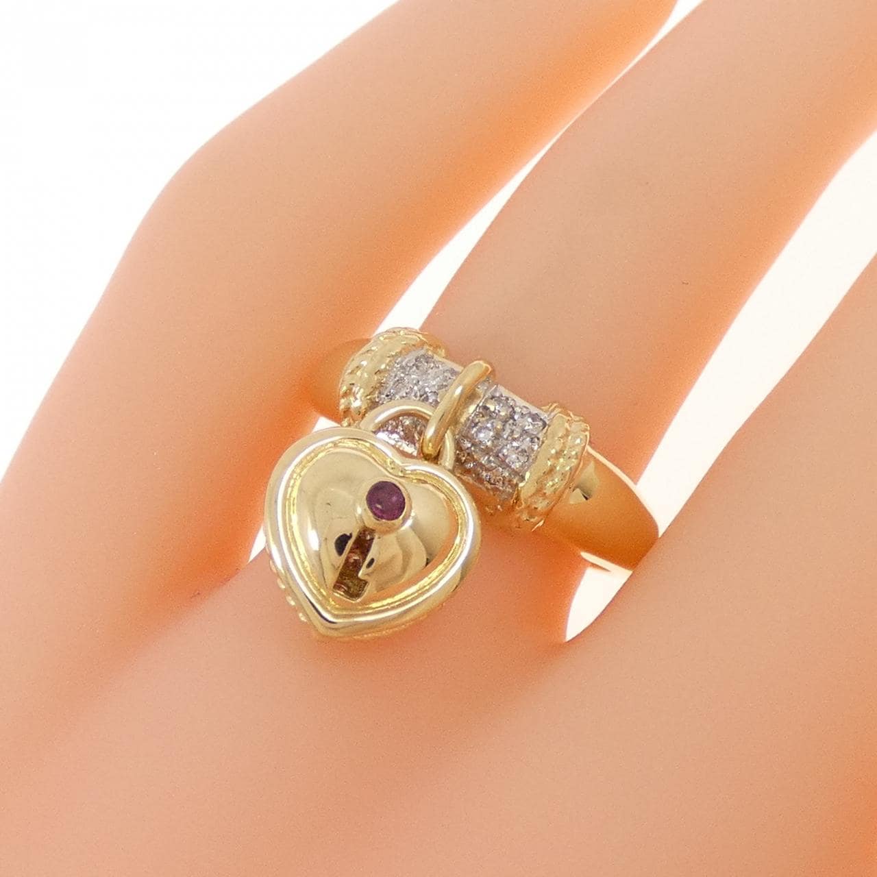 K18YG/K18WG ハート×カデナ ルビー リング 0.04CT