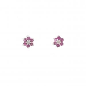 K18WG フラワー ルビー ピアス 0.44CT