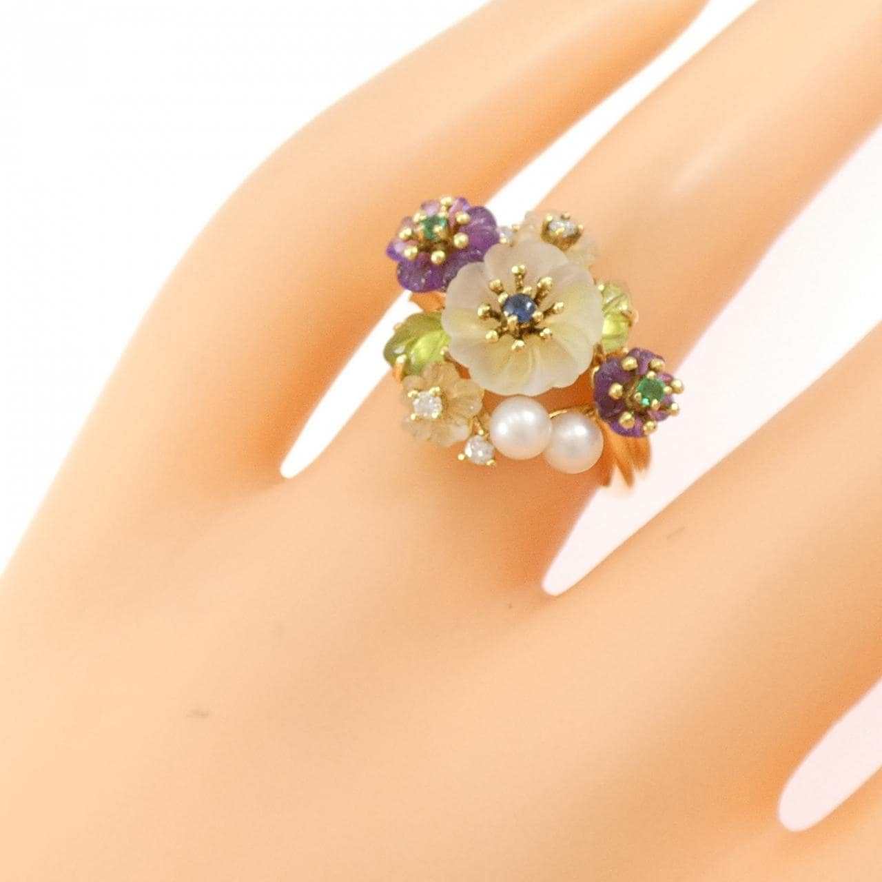 K18YG フラワー カラーストーン リング