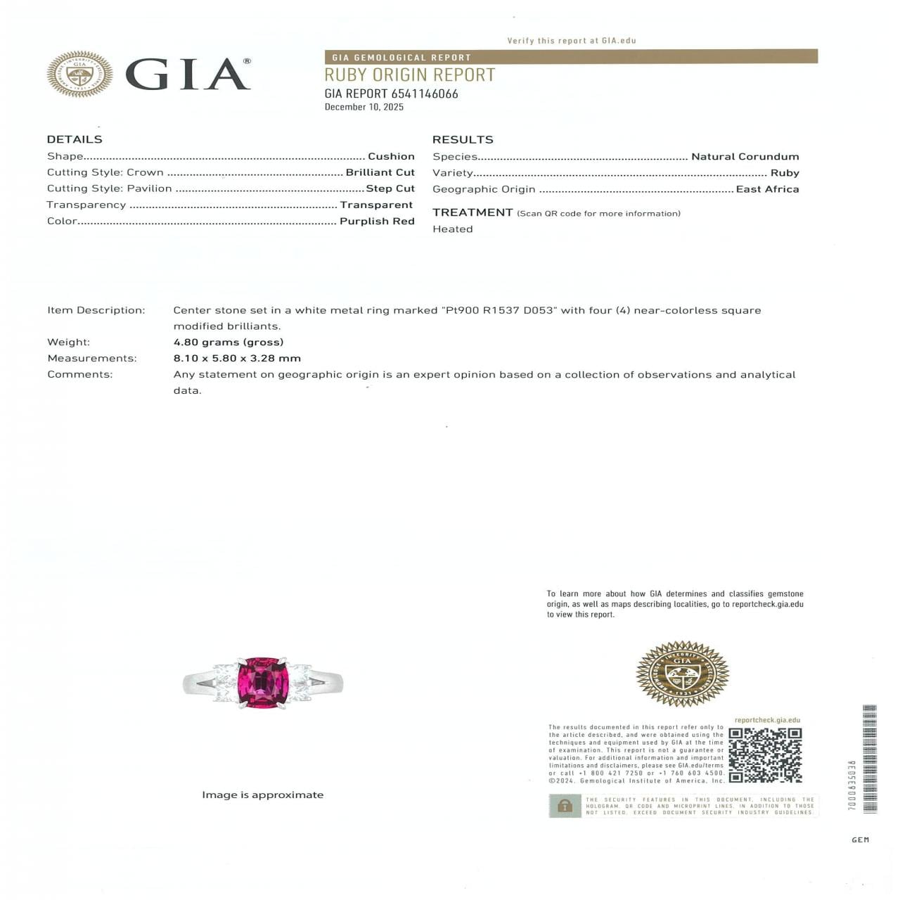 PT900 ルビー リング 1.537CT 東アフリカ産