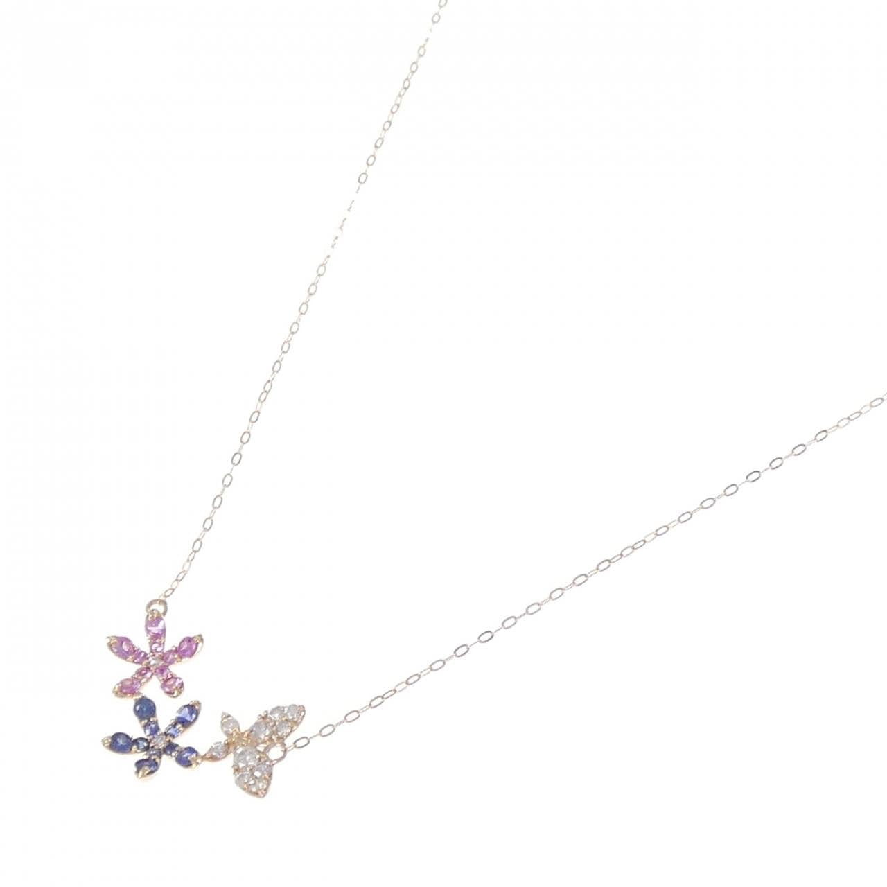 K18PG フラワー×バタフライ サファイヤ ネックレス 0.65CT