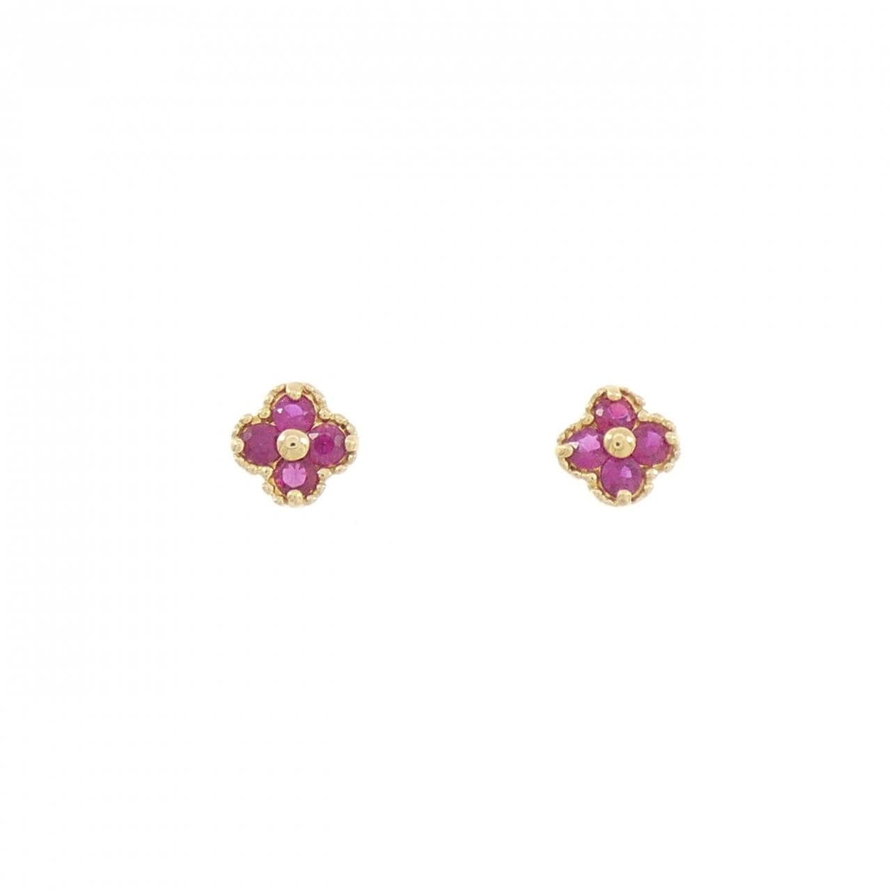 K18YG フラワー ルビー ピアス 0.30CT